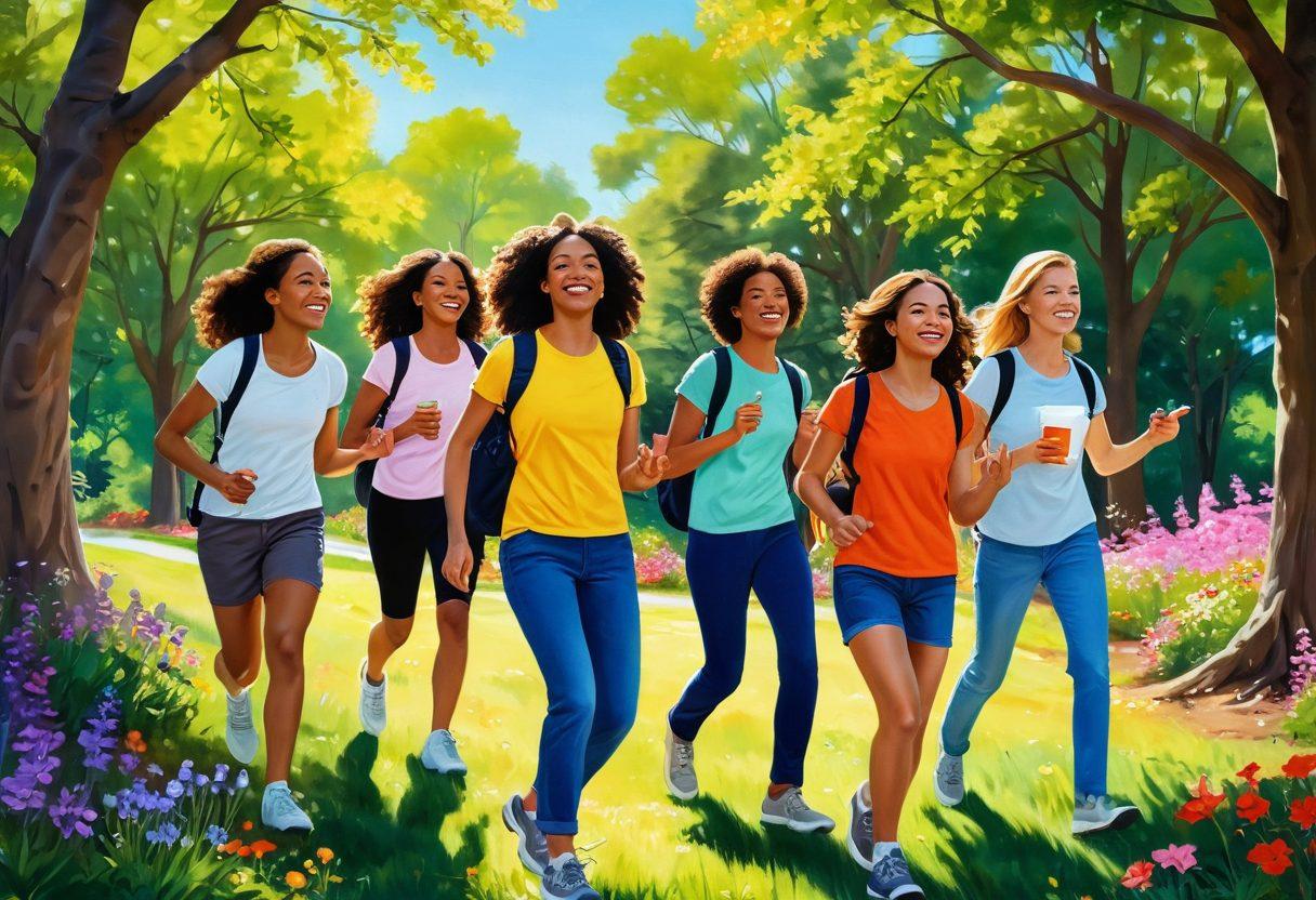A lively scene depicting a group of diverse friends engaging in various cheerful activities like hiking, painting, and playing music in a sunlit park. Incorporate expressive facial features that radiate joy and enthusiasm, surrounded by nature's vibrant colors—flowers blooming, trees swaying. The background should suggest a limitless horizon, representing endless possibilities for pursuits. playful, colorful style. vibrant colors. cheerful theme.
