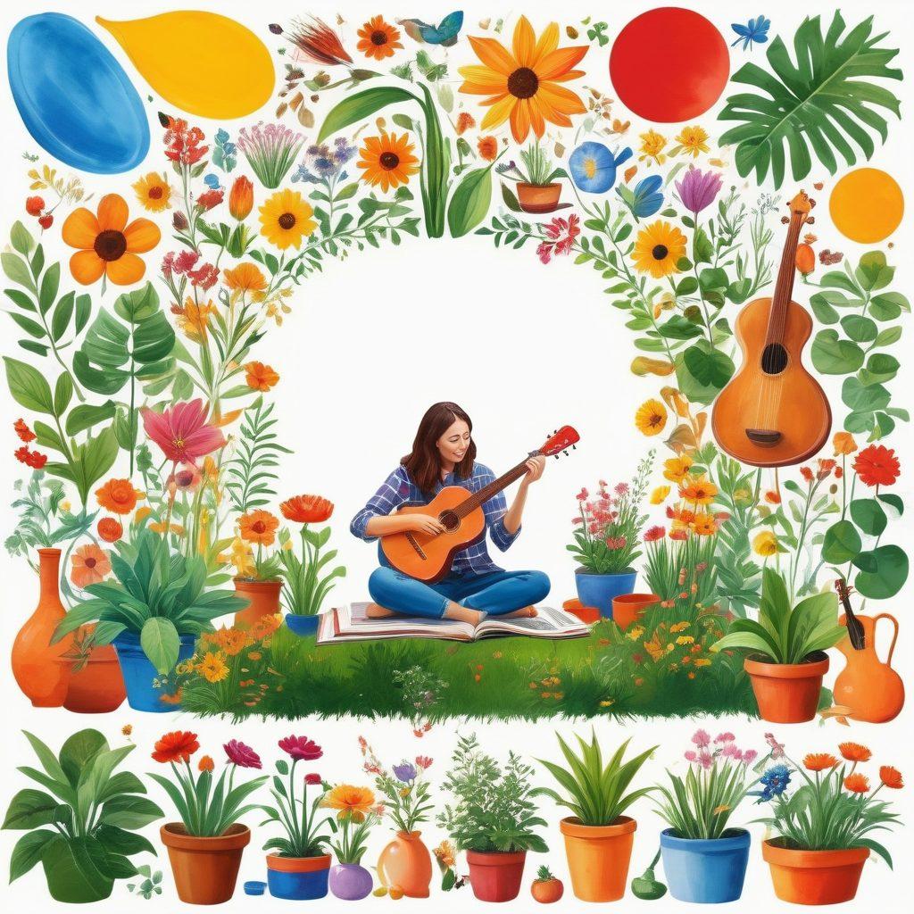 An inviting collage showcasing diverse hobbies like painting, gardening, cooking, and playing musical instruments, with a joyful person exploring each activity. Bright colors and dynamic motion visually represent the idea of growth and enthusiasm in hobbies. A lush garden and an open book symbolizing resources in the background. Inspiring atmosphere with sunlight streaming through. 3D illustration. vibrant colors. white background.